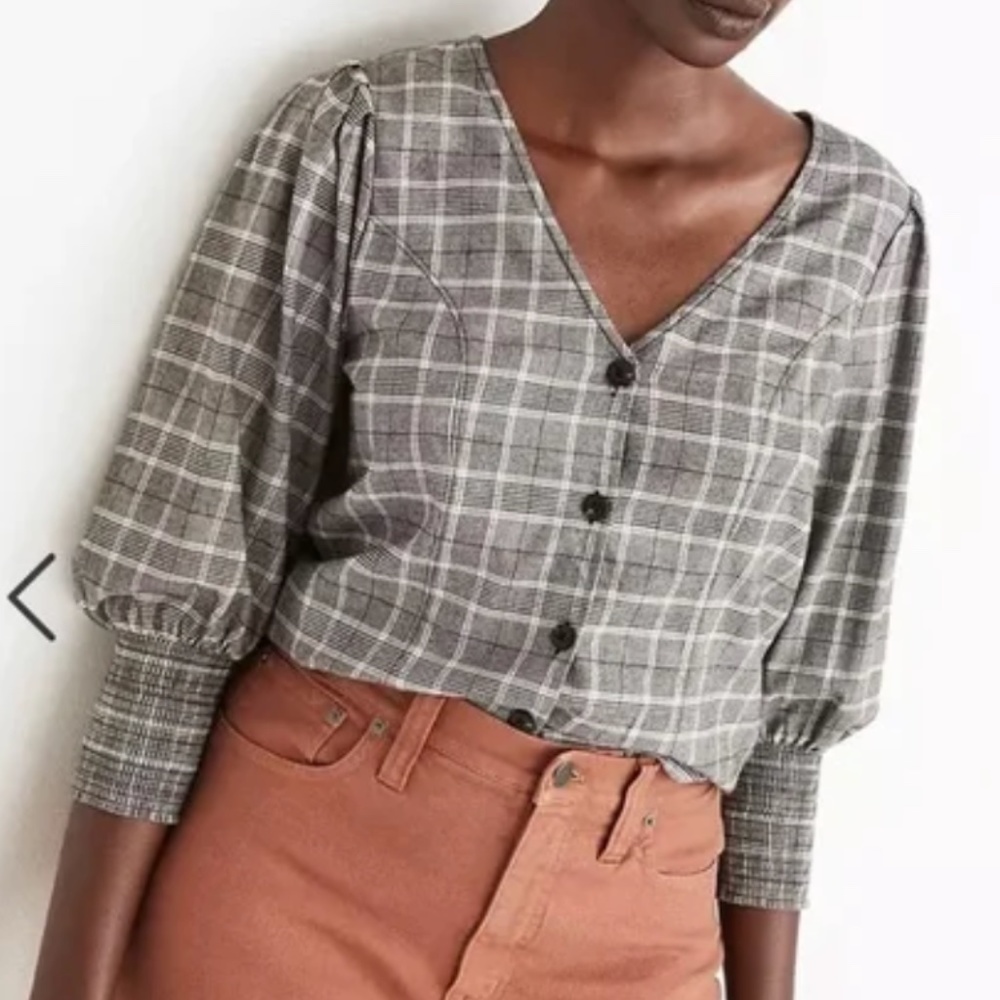 NWT Madewell Plaid Smocked-Cuff Button-Front Shirt size 8